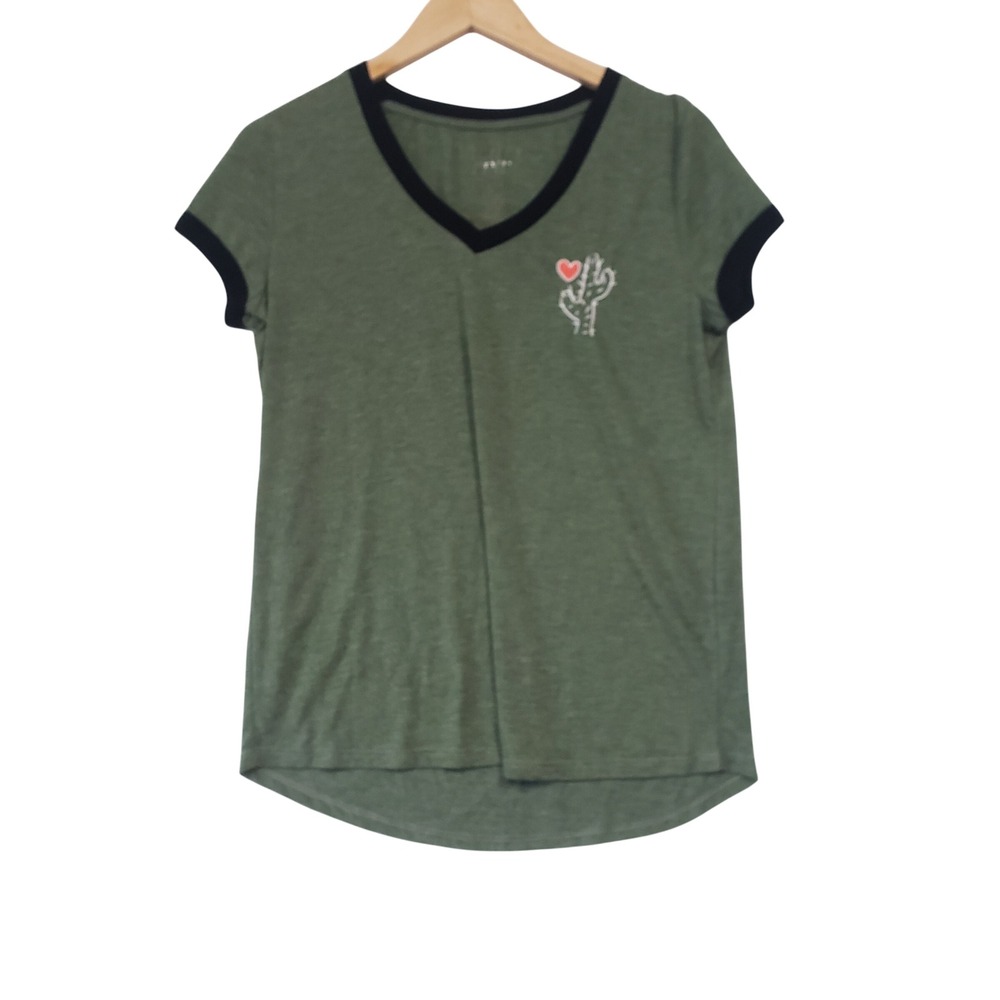 Mighty Fine Ringer Tee Womens Large Green Cactus Heart V Neck Short Sleeve Shirt